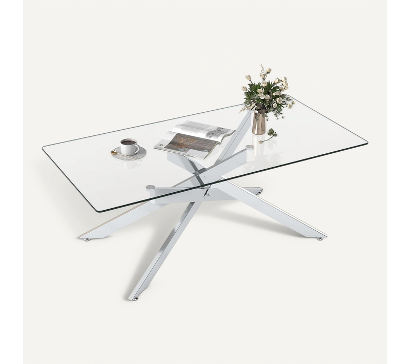 Table Basse Verre Axis, Table Basse Salon Transparente, 120 X 60 X 45,5 Cm, Argent