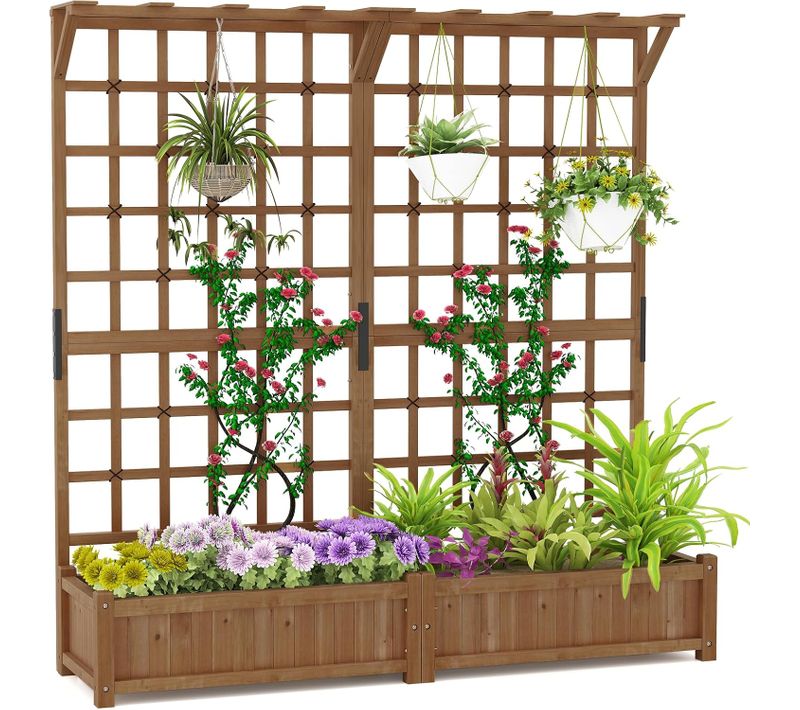 Jardinière Avec 2 Treillis 2 Bacs Toit Suspendu En Bois, Lit De Jardin, Brun 180 X 48 X 183 Cm