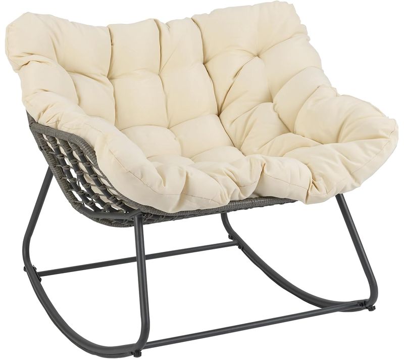 Fauteuil à Bascule Exterieur Interieur,rocking Chair En Rotin Pe,coussin Épais Amovible(beige)