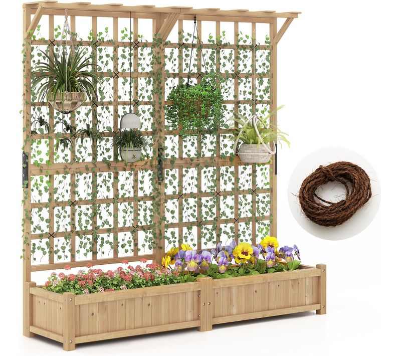 Jardinière Avec 2 Treillis 2 Bacs Toit Suspendu En Bois, Lit De Jardin, Naturel (180 X 48 X 183 Cm)