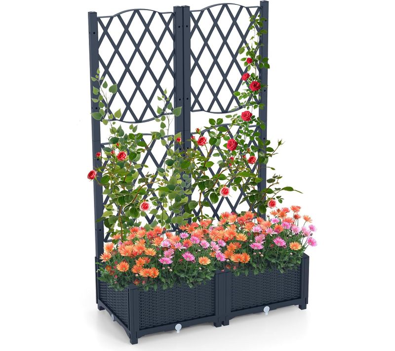 Jardinière Avec Treillis Sur Pied, Double Bac à Fleur Auto-arrosage, Gris 80 X 40 X 122 Cm