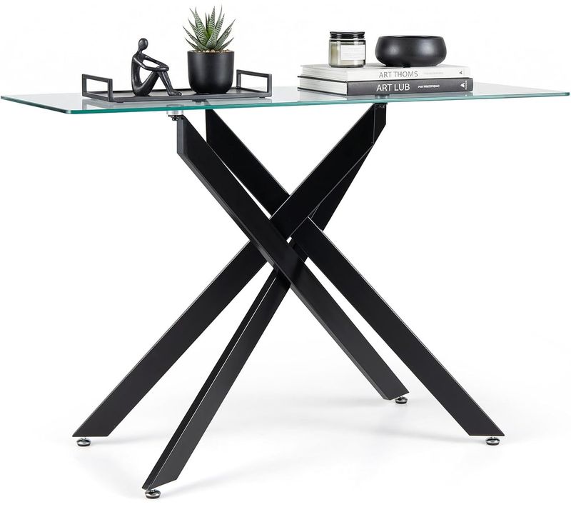 Console Meuble Verre Axis, Console Entree Transparent, Pieds Tubulaires En Métal Chromé (noir)