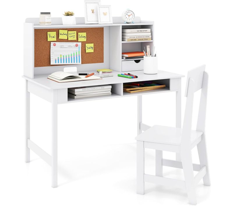 Bureau Enfant Garçon Fille Avec Chaise Ergonomique et Tableau D'affichage En Liège(blanc)