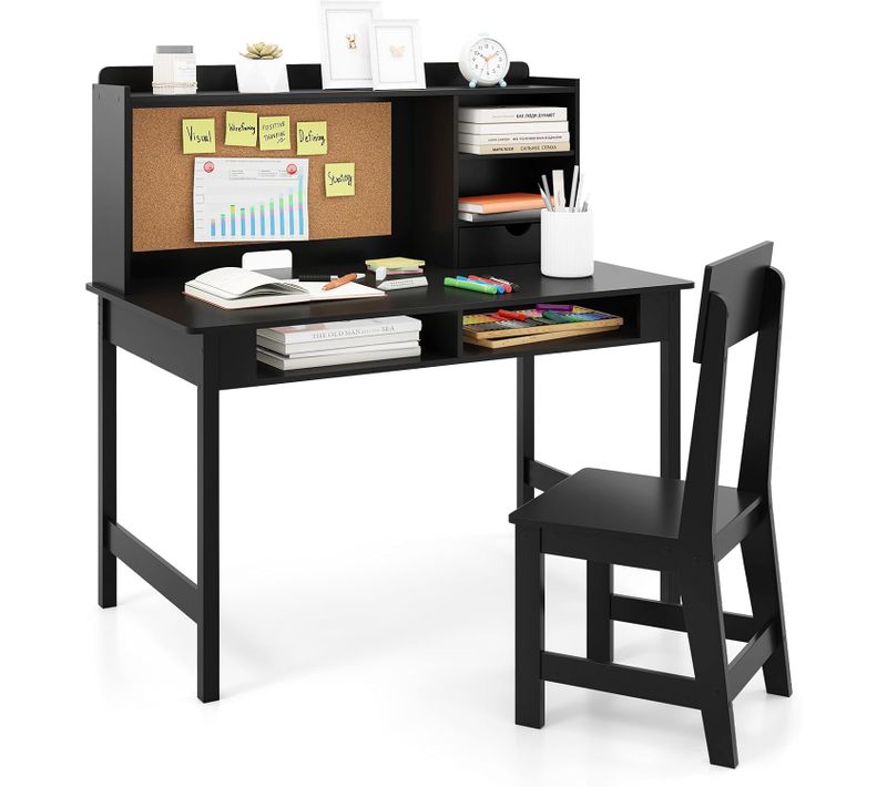 Bureau Enfant Garçon Fille Avec Chaise Ergonomique et Tableau D'affichage En Liège(noir)