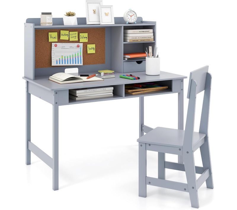 Bureau Enfant Garçon Fille Avec Chaise Ergonomique et Tableau D'affichage En Liège(gris)