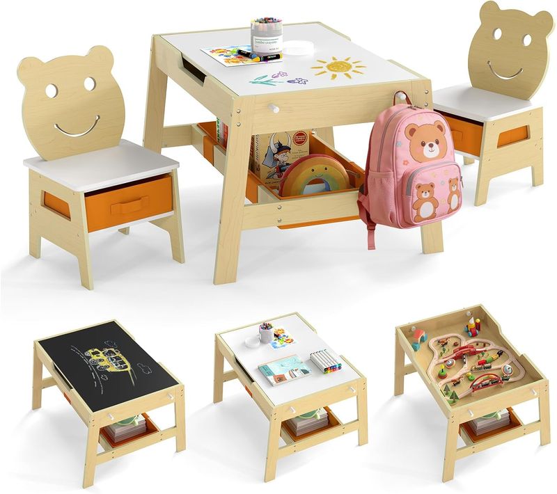 Table Enfant Avec 2 Chaises,tableau Noir Et Blanc,3 Bacs En Tissu Et 4 Crochets(naturel)