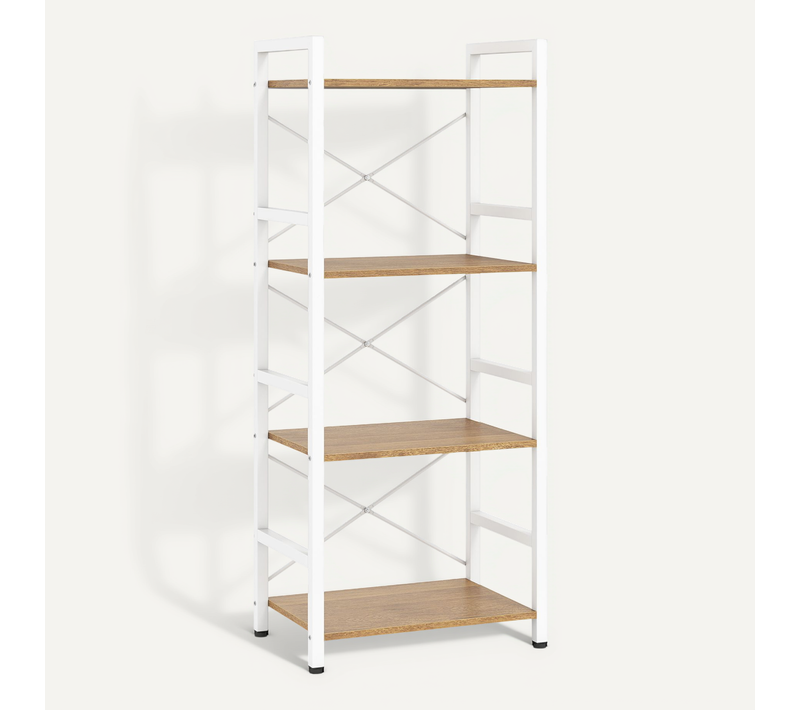 Bibliothèque Autoportante à 4 Niveaux, Étagère Industriel Étroite (naturel + Blanc)
