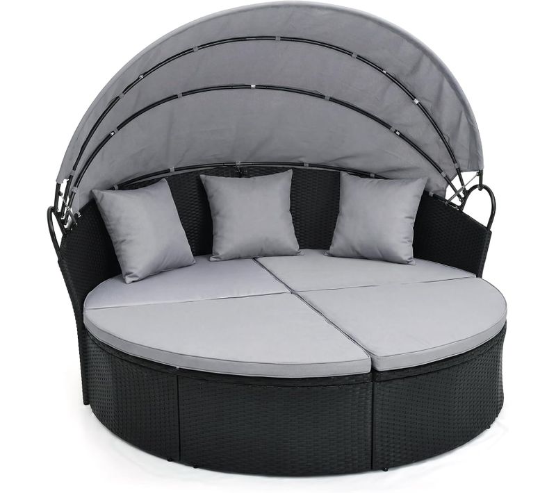 Lit De Jardin Rond En Rotin Pe Avec Auvent Rétractable, Ensemble De Chaises Avec Coussins, Gris