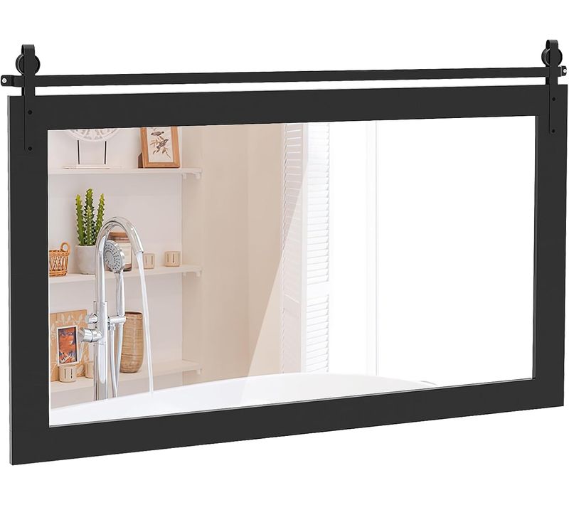 Miroir Mural Rectangulaire 100 X 66 Cm, Cadre En Bois Massif, Style Porte De Grange (noir)