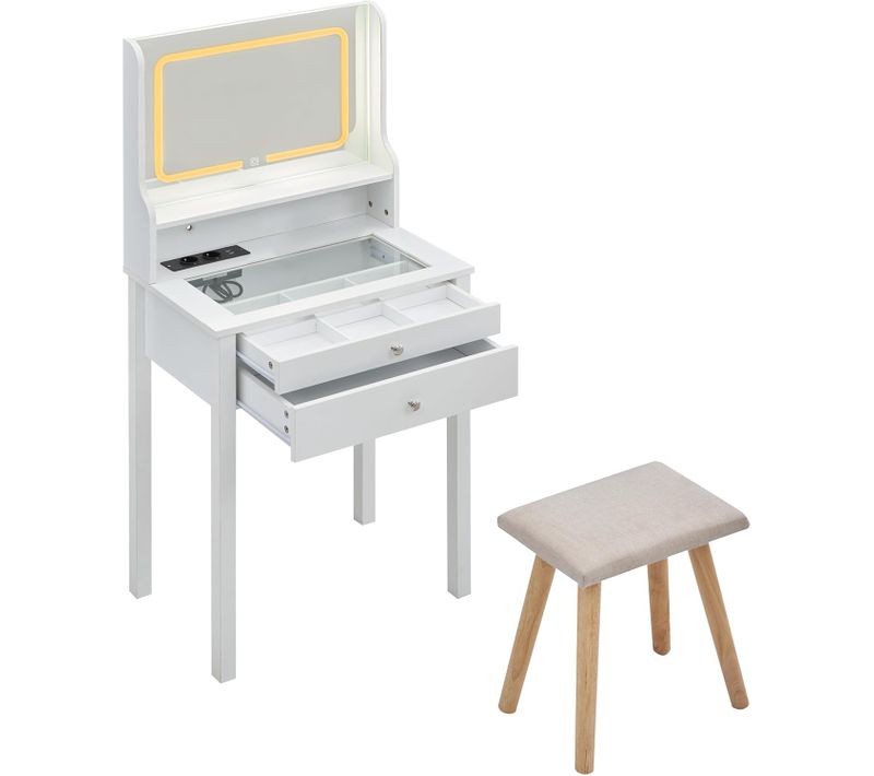 Coiffeuse Avec Miroir Et Tabouret, Plateau En Verre, 3 Modes D'éclairage, Luminosité Réglable
