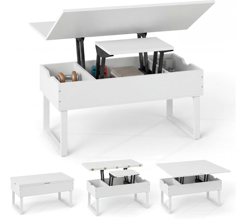 Table Basse Relevable, Table Convertible Extensible 3 En 1, 3 Compartiments Cachés (blanc)