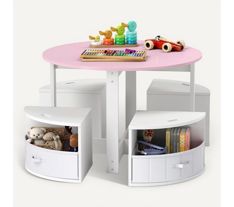 Table Enfant Ronde Avec 4 Chaises Empilables,4 Tiroirs En Tissu Pliable,pour 3 Ans+ (rose)