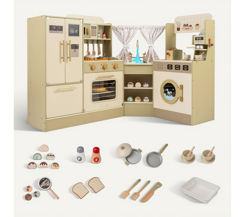 Cuisine D’angle Enfants En Bois Avec 21 Accessoires Et Réfrigérateur, Cafetière, Lave-vaisselle