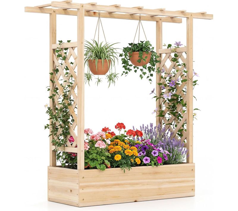 Jardinière Avec 2 Treillis Latéraux Toit Suspendu En Bois D'épicéa Avec Trou De Drainage (naturel)