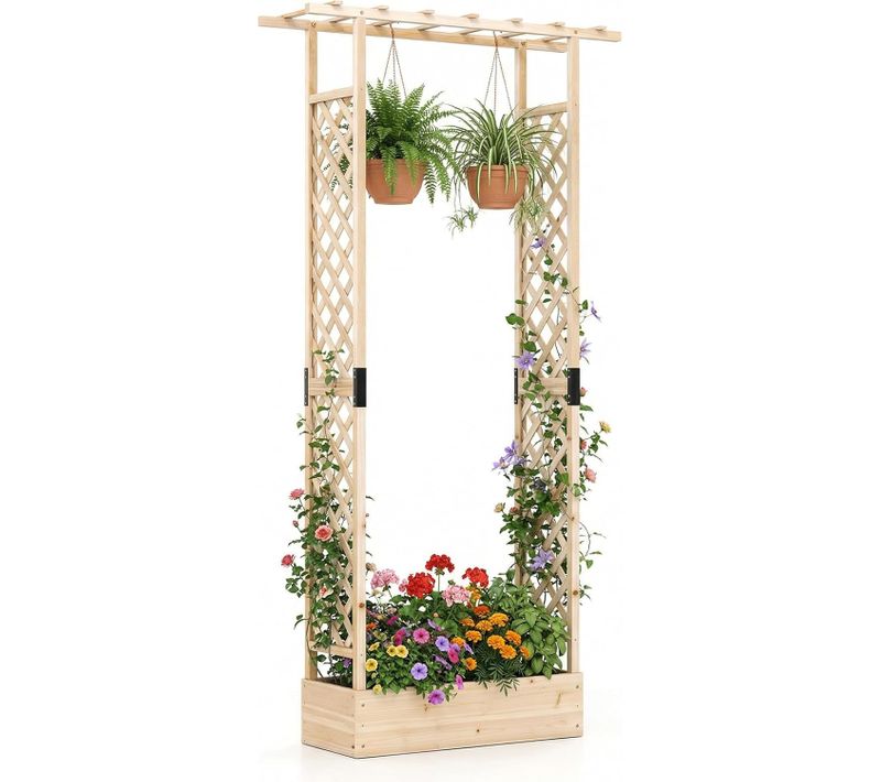 Jardinière Avec 2 Treillis Latéraux Toit Suspendu En Bois D'épicéa, 110 X 35 X 227 Cm (naturel)
