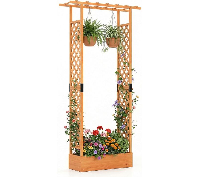 Jardinière Avec 2 Treillis Latéraux Toit Suspendu En Bois D'épicéa, 110 X 35 X 227 Cm (orange)