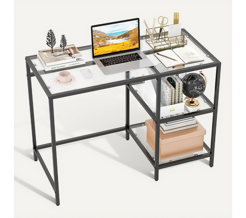 Bureau Informatique En Verre Trempé, Petit Bureau Avec Rangement, Table D’ordinateur (noir)