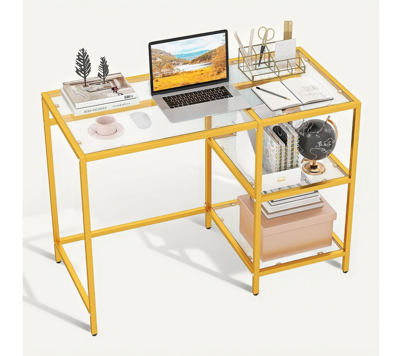 Bureau Informatique En Verre Trempé, Petit Bureau Avec Rangement, Table D’ordinateur (doré)
