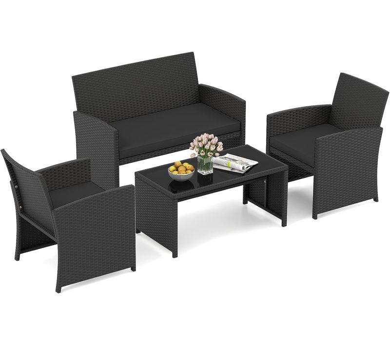 Ensemble De Salon De Jardin En Rotin Pe 4 Pièces,canapé 2 Places En Osier Avec Fauteuils,noir+noir
