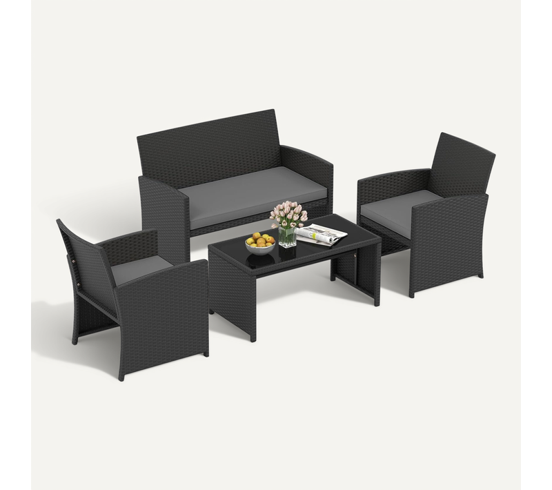 Ensemble De Salon De Jardin En Rotin Pe 4 Pièces,canapé 2 Places En Osier Avec Fauteuils,noir+gris