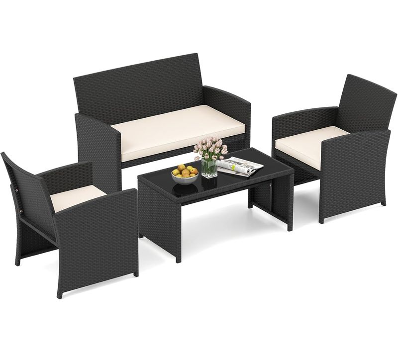 Ensemble De Salon De Jardin En Rotin Pe 4 Pièces,canapé 2 Places En Osier Avec Fauteuils,noir+blanc