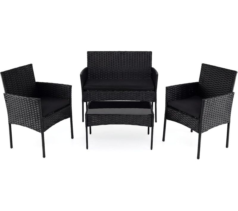 Ensemble Salon De Jardin 4 Pièces En Résine,mobilier D'extérieur Avec 2 Fauteuils Canapé(noir+noir)