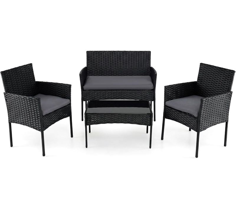 Ensemble Salon De Jardin 4 Pièces En Résine,mobilier D'extérieur Avec 2 Fauteuils Canapé(noir+gris)