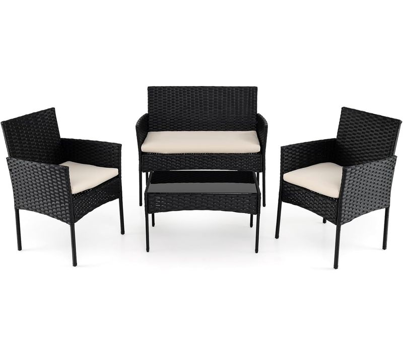 Ensemble Salon De Jardin 4 Pièces En Résine,mobilier D'extérieur Avec 2 Fauteuils Canapé(noir+beige)