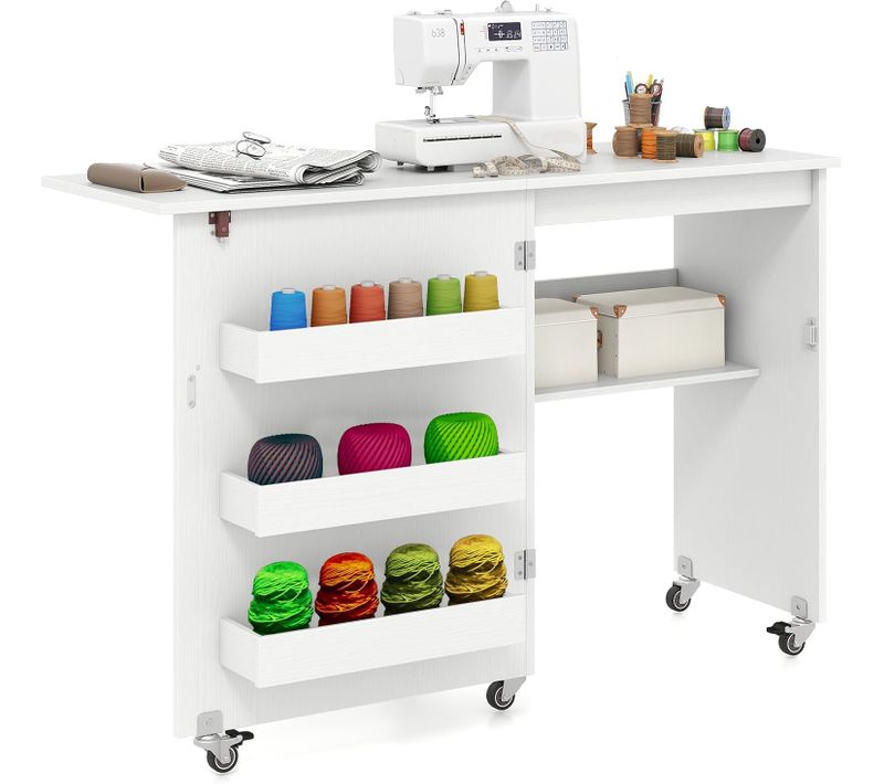 Table De Couture Pliante à Roulettes,armoire Pour Machine à Coudre Roulante 40x118,5x79,5cm,blanc