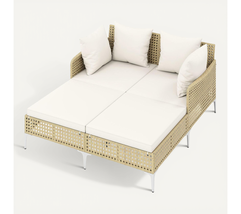 Bain De Soleil Double En Rotin Pe, 2 Coussins D’assise Et 4 Coussins De Dossier, Beige