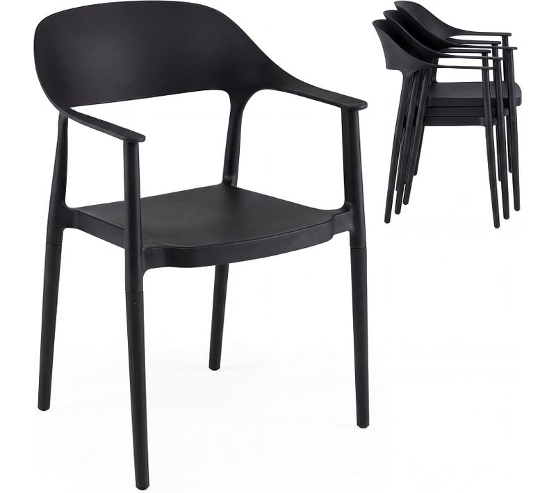Chaises Empilable Plastique Lot De 4, Chaise De Jardin En Pp Avec Dossier Incurvé (noir,4)