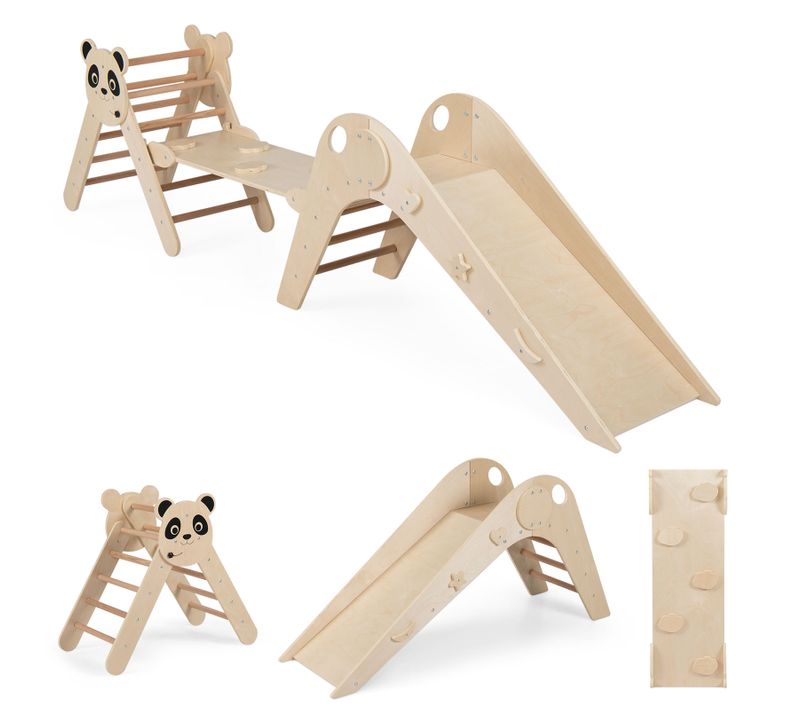 Triangle D’escalade Montessori Enfant Pliable Sur Thème Panda Avec Rampe Et Échelle (naturel)