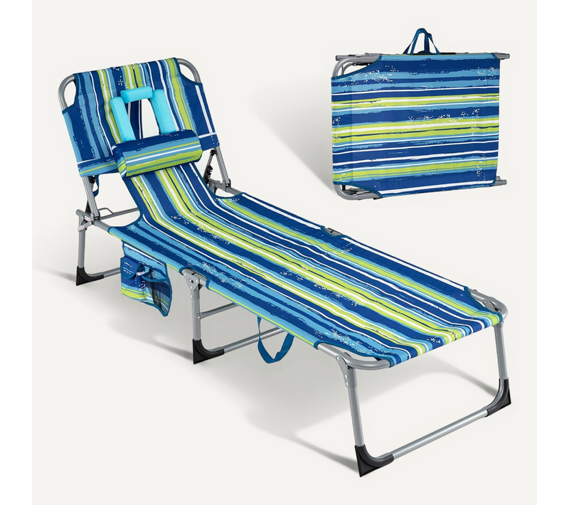 Bain De Soleil Réglable à 4 Positions,Chaise Longue Pliante,Trous Pour Visageetbras,Rayé Bleu-vert