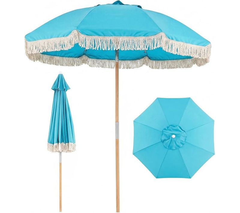 Parasol De Jardin Extérieur Avec Franges 180 Cm, Parasol Plage Inclinable, 8 Baleines Robustes, Bleu