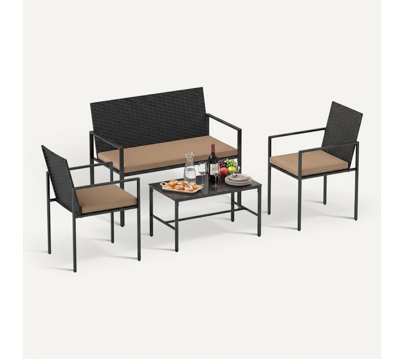 Ensemble De Mobilier De Jardin 4 Pièces, Salon De Jardin Fauteuils Canapé En Rotin (noir+jaune)