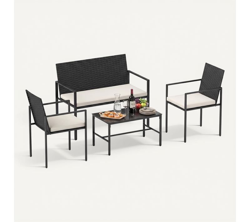 Ensemble De Mobilier De Jardin 4 Pièces, Salon De Jardin Fauteuils Canapé En Rotin (noir+beige)
