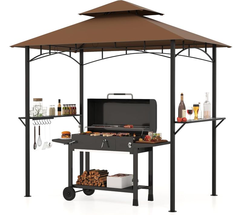 Tonnelle De Barbecue 240 X 151 Cm, Abri à Double Toit Pour Grill Avec 2 Étagères, 7 Crochets (café)
