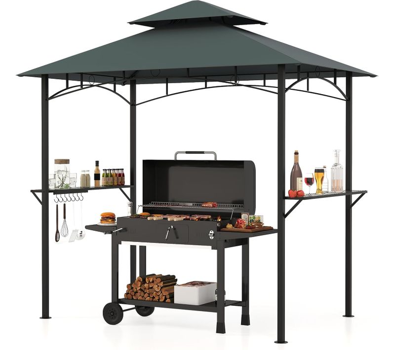 Tonnelle De Barbecue 240 X 151 Cm, Abri à Double Toit Pour Grill Avec 2 Étagères, 7 Crochets (gris)