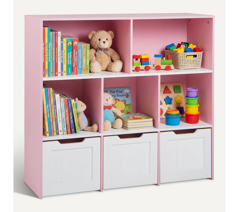 Meuble De Rangement Enfant à 3 Niveaux Avec 5 Cubes Et 3 Tiroirs Roulants (rose)