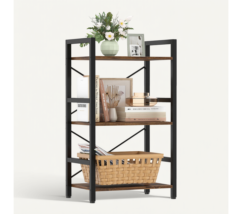 Bibliotheque à 3 Niveaux, Etagère Rangement Sur Pied En Métal Avec 3 Étagères (marron Rustique)