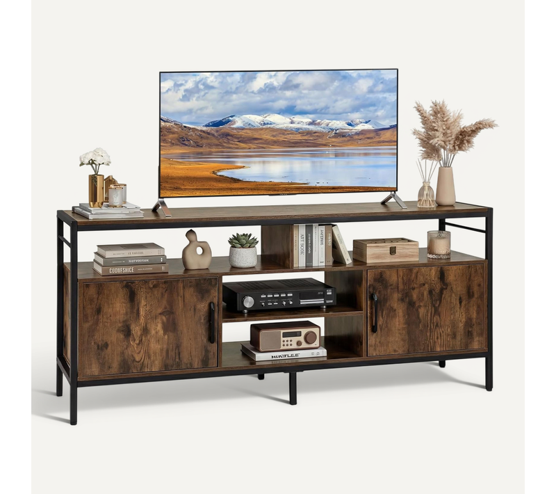 Meuble TV Industriel, Meuble Télé Avec 2 Placards à Porte, 4 Compartiments (marron Rustique)