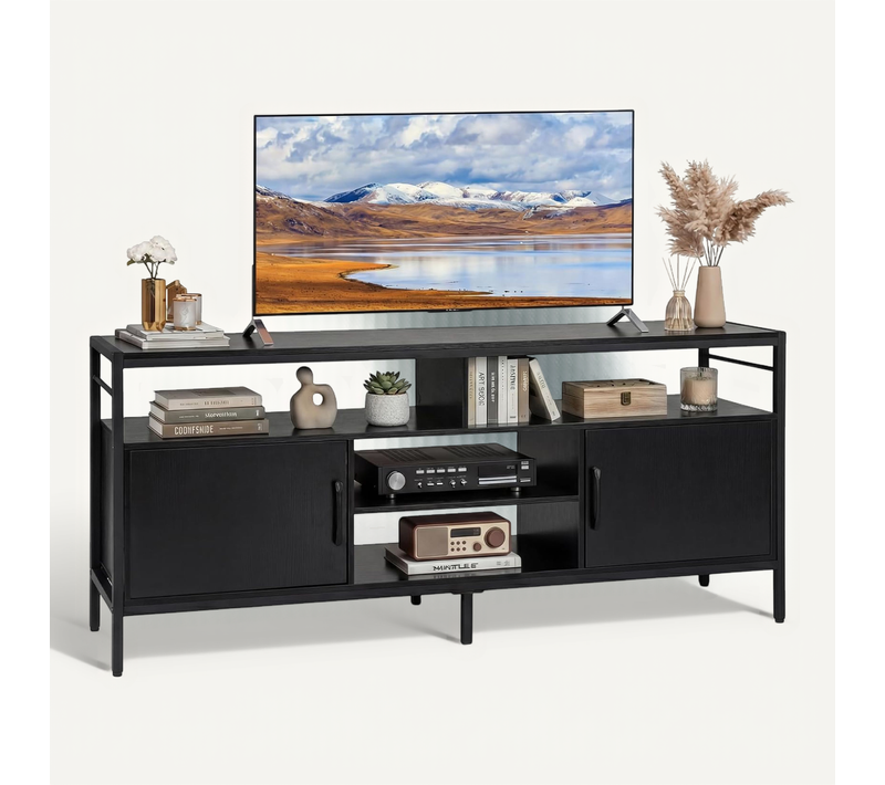 Meuble TV Industriel, Meuble Télé Avec 2 Placards à Porte, 4 Compartiments (noir)