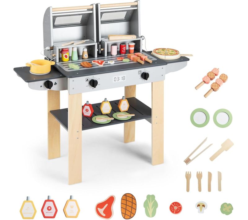 Barbecue Enfant En Bois Avec 19 Accessoires, Jouet Barbecue Grill Avec Ustensiles, Gris