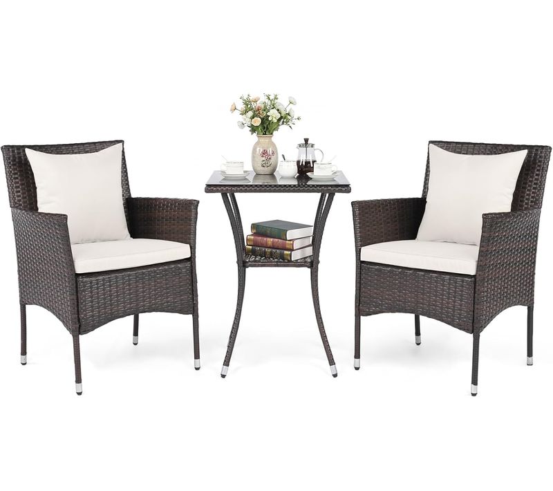 Ensemble Salon De Jardin 3 Pièces En Osier Pe, Ensemble De Meubles D’extérieur (marron+blanc)