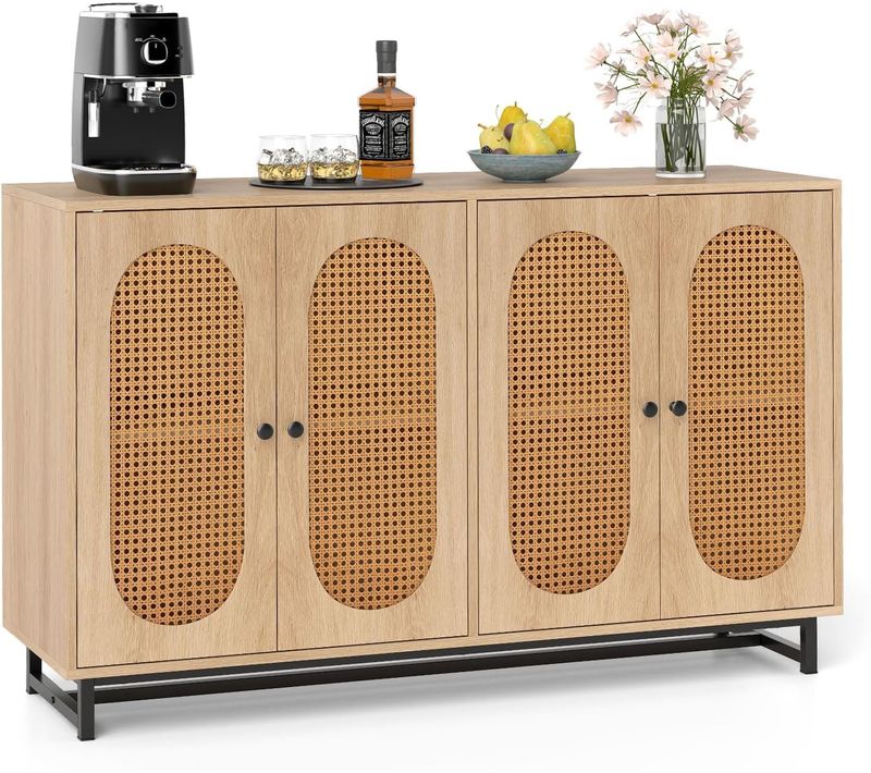 Buffet Cuisine Rotin, Meuble Cannage Bohème Avec Portes En Rotin Tressé (126 X 40 X 81cm)