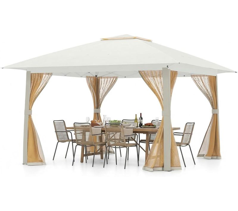 Tonnelle De Jardin Pop-up 4 X 4 M, Tente De Reception Pliable Avec Moustiquaire (beige)