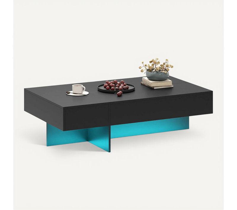 Table Basse LED Moderne, Table De Salon Brillante Avec 3 Tiroirs, Imitation Marbre (noir)