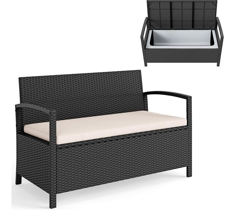 2 En 1 Banc Coffre Exterieur En Rotin Pe, Banc De Jardin 2 Places Avec Coussin, 129 X 61 X 77 Cm