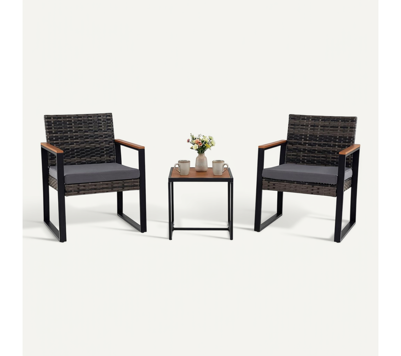 Salon De Jardin Exterieur 2 Personnes, 2 Fauteuils En Rotin Peetacier Avec Table Basse (noir+gris)