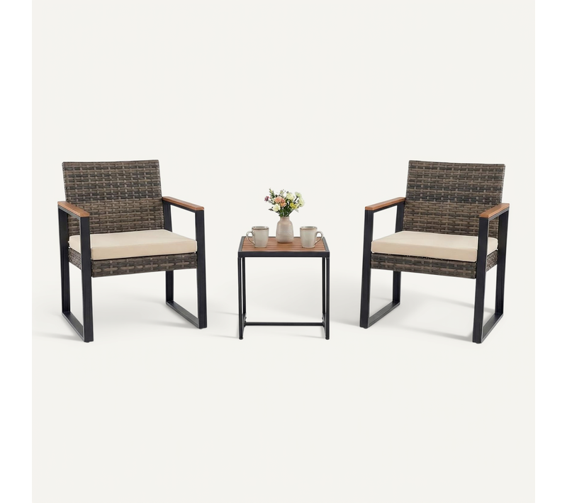 Salon De Jardin Exterieur 2 Personnes, 2 Fauteuils En Rotin Peetacier Avec Table Basse (noir+beige)